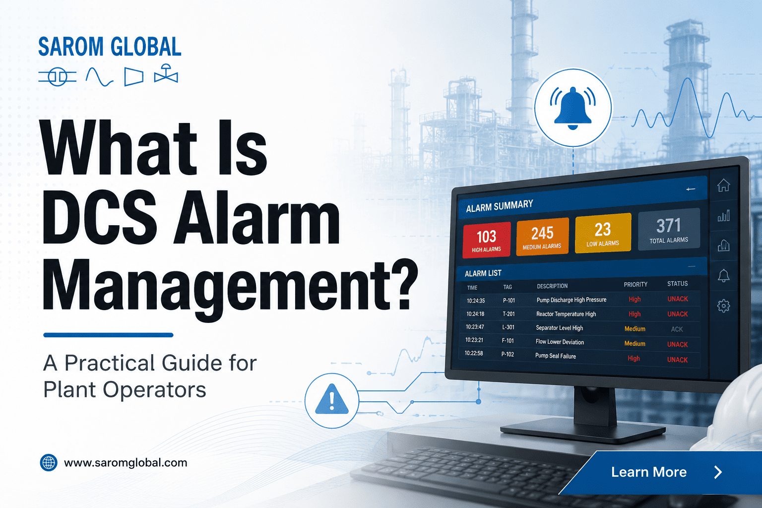 Industrial control room dashboard showing DCS alarm management system with alarm summary and operator interface for plant monitoring.